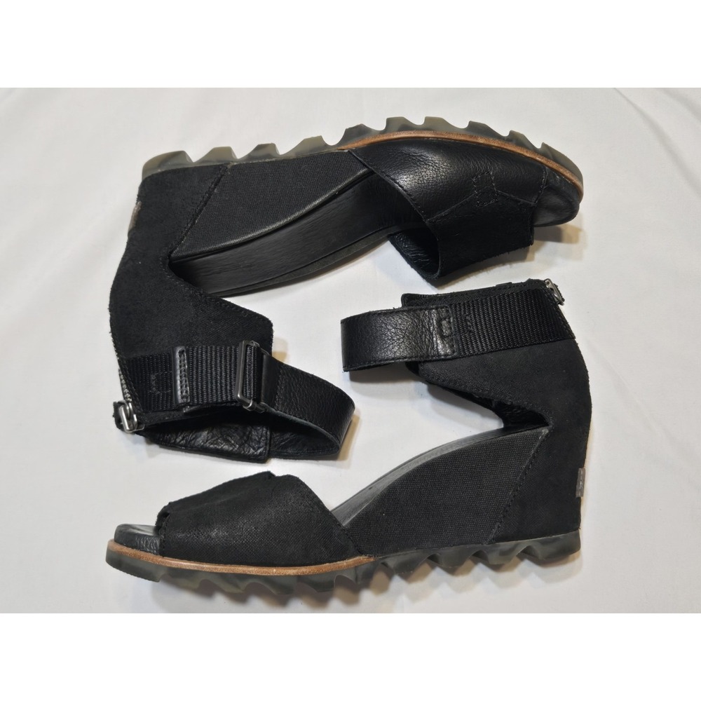 Sorel Joanie II Ankle Strap Leather Wedge Sandals Womens Sz 10 Black Zip Buckle